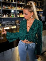 Bell Sleeve Tie Front Leopard Peplum Top