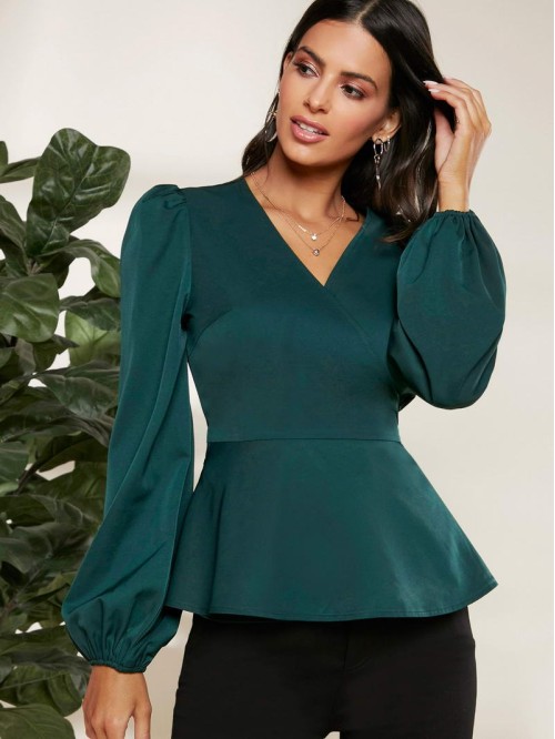 Surplice Neck Lantern Sleeve Peplum Top