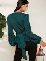 Surplice Neck Lantern Sleeve Peplum Top