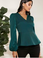 Surplice Neck Lantern Sleeve Peplum Top