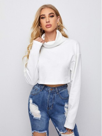 Funnel Neck Drop Shoulder Crop Top