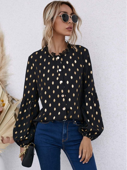 Lace Trim Neck Gold Dot Blouse