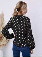 Lace Trim Neck Gold Dot Blouse