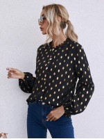 Lace Trim Neck Gold Dot Blouse