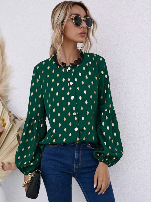 Lace Trim Neck Gold Dot Blouse