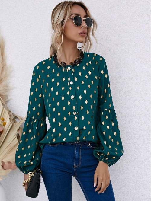 Lace Trim Neck Gold Dot Blouse