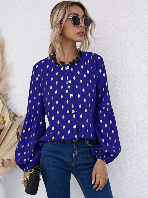 Lace Trim Neck Gold Dot Blouse