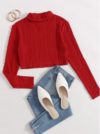 Turtleneck Cable Knit Crop Tee