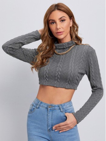 Turtleneck Cable Knit Crop Tee