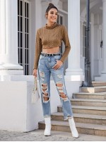 Turtleneck Cable Knit Crop Tee