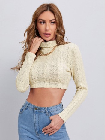 Turtleneck Cable Knit Crop Tee