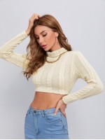 Turtleneck Cable Knit Crop Tee