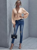 Tie Front Ruched Peplum Top