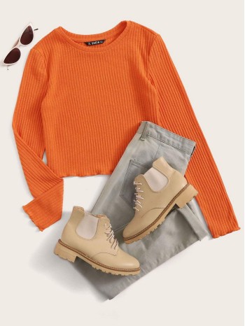 Neon Orange Lettuce Trim Rib-knit Top