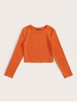 Neon Orange Lettuce Trim Rib-knit Top