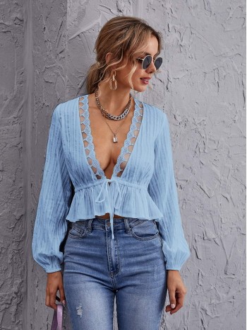 Tie Front Ruffle Hem Lace Trim Top