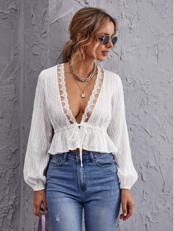 Tie Front Ruffle Hem Lace Trim Top