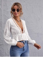 Tie Front Ruffle Hem Lace Trim Top