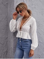 Tie Front Ruffle Hem Lace Trim Top