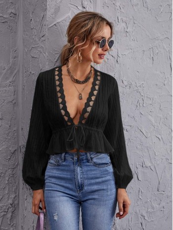 Tie Front Ruffle Hem Lace Trim Top