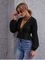 Tie Front Ruffle Hem Lace Trim Top