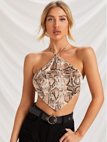 Tie Backless Snakeskin Pattern Halter Top