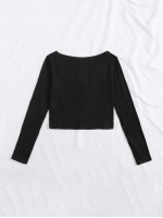 Scoop Neck Button Placket Rib-knit Tee