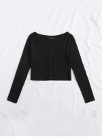 Scoop Neck Button Placket Rib-knit Tee