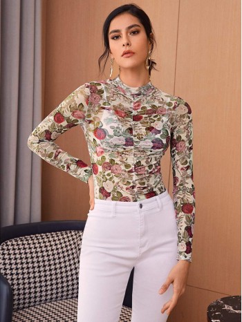 Mock Neck Floral Mesh Top