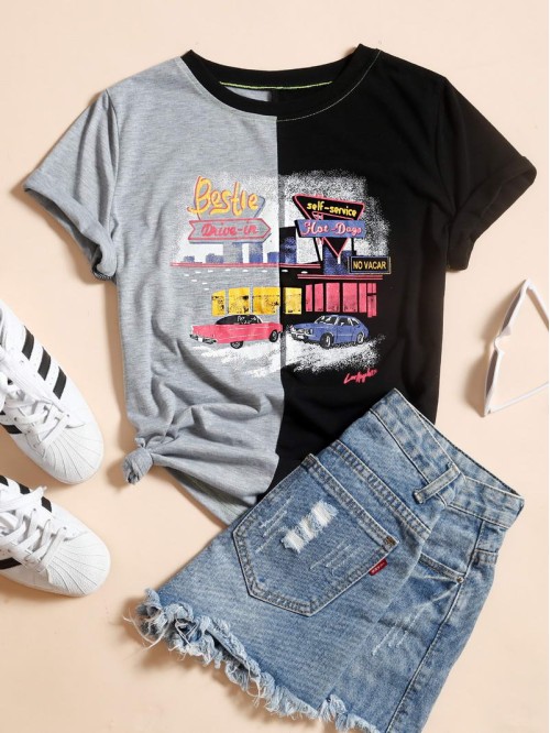 Car & Letter Graphic Colorblock Tee