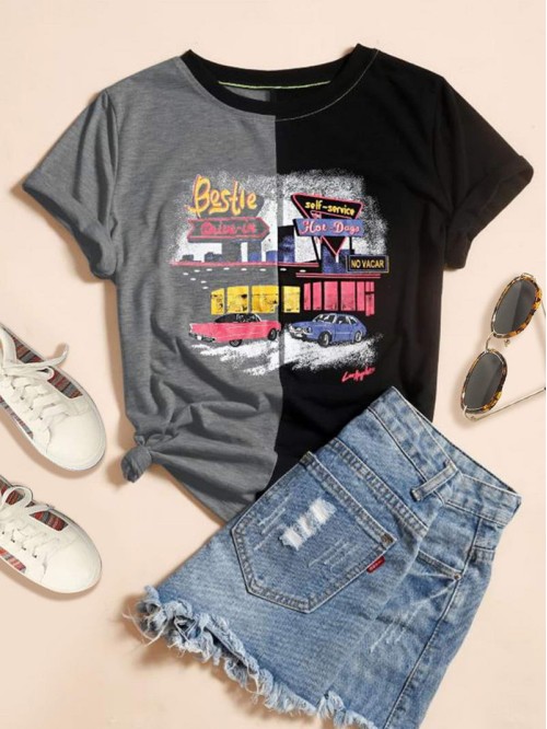 Car & Letter Graphic Colorblock Tee