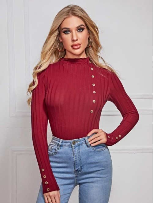 Mock Neck Lettuce Trim Button Detail Fitted Top