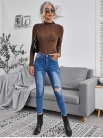 Mock Neck Lettuce Trim Button Detail Fitted Top