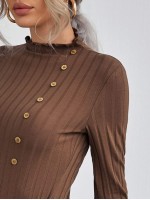 Mock Neck Lettuce Trim Button Detail Fitted Top