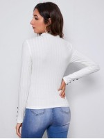 Mock Neck Lettuce Trim Button Detail Fitted Top