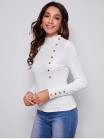 Mock Neck Lettuce Trim Button Detail Fitted Top