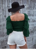 Shirred Frill Contrast Mesh Puff Sleeve Crop Milkmaid Top