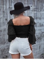 Shirred Frill Hem & Neck Contrast Mesh Puff Sleeve Crop Milkmaid Top