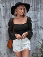 Shirred Frill Hem & Neck Contrast Mesh Puff Sleeve Crop Milkmaid Top