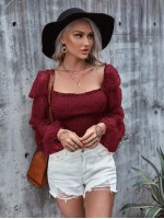 Dobby Mesh Frill Trim Shirred Top