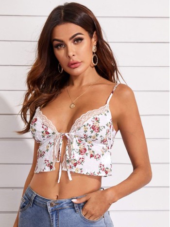 Floral Print Self-Tie Cropped Cami Top