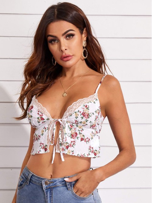 Floral Print Self-Tie Cropped Cami Top