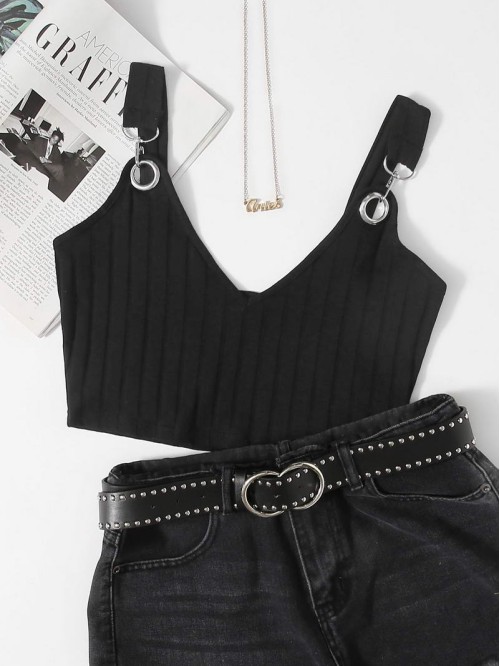 Grommet Strap Rib-knit Crop Top