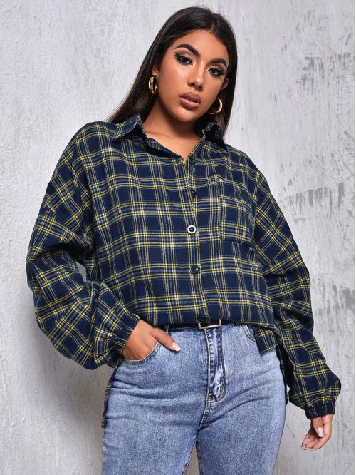 Drop Shoulder Patch Pocket Plaid Oversized Longline Blouse