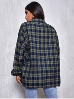 Drop Shoulder Patch Pocket Plaid Oversized Longline Blouse