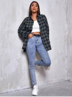 Drop Shoulder Patch Pocket Plaid Oversized Longline Blouse