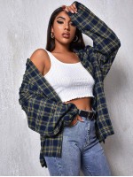 Drop Shoulder Patch Pocket Plaid Oversized Longline Blouse