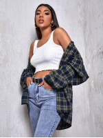 Drop Shoulder Patch Pocket Plaid Oversized Longline Blouse