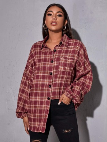 Drop Shoulder Patch Pocket Plaid Oversized Longline Blouse