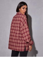 Drop Shoulder Patch Pocket Plaid Oversized Longline Blouse